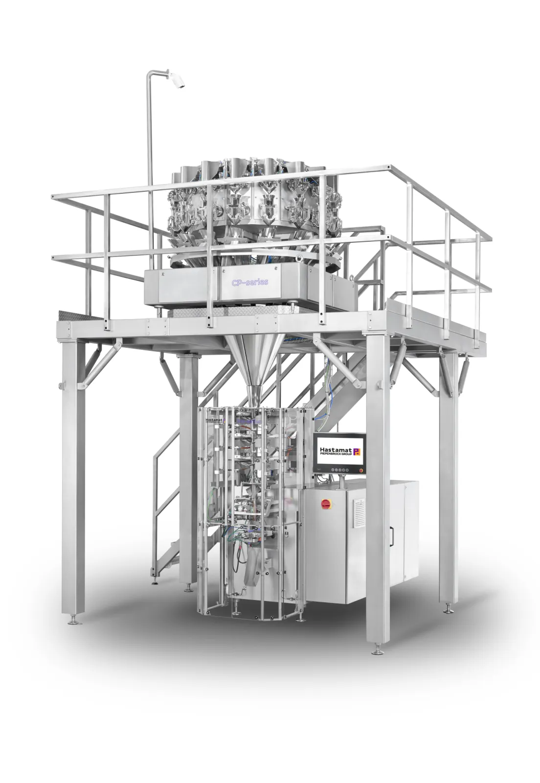 Vertical form, fill and seal machine - Sticks, Snacks packaged at high speed paired with CP multihead weigher. The servo-driven transfer system of the flow wrapping machine packages products in the high-performance range, handling up to 250 bags.