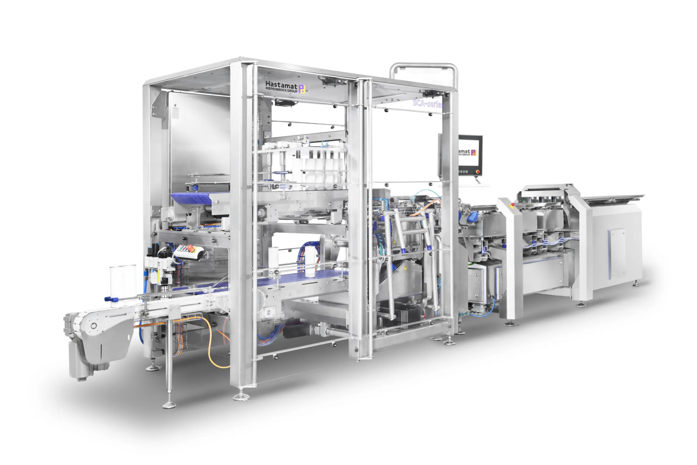 SCA-series - Fully automatic packaging system for stackable chips. After the stackable chips are fed into up to 24 lanes, a unique weighing technology portions them to the exact weight, eliminating unintentional product overfill and waste.