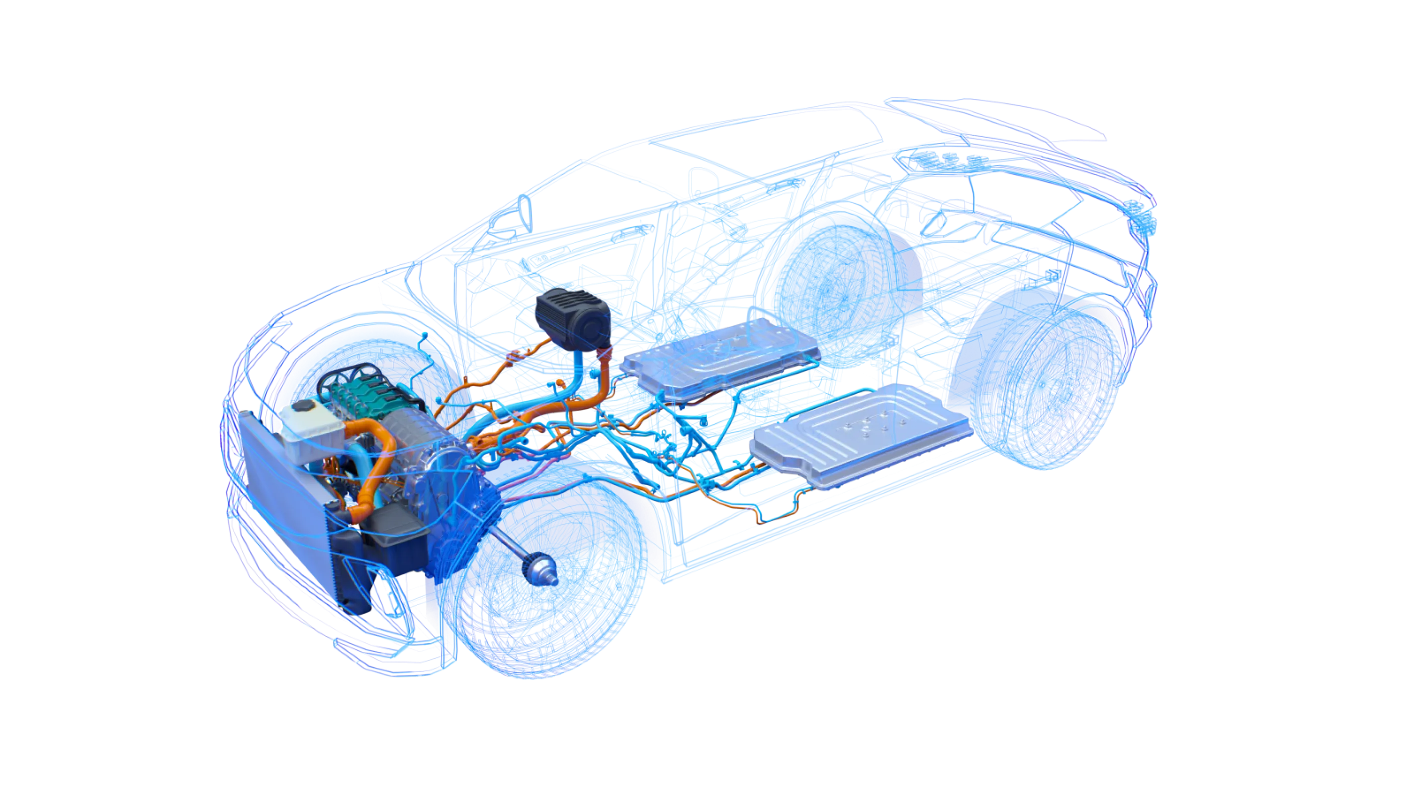Illustration of the complexity of fluid systems delivered by NORMA Group in a hybrid car