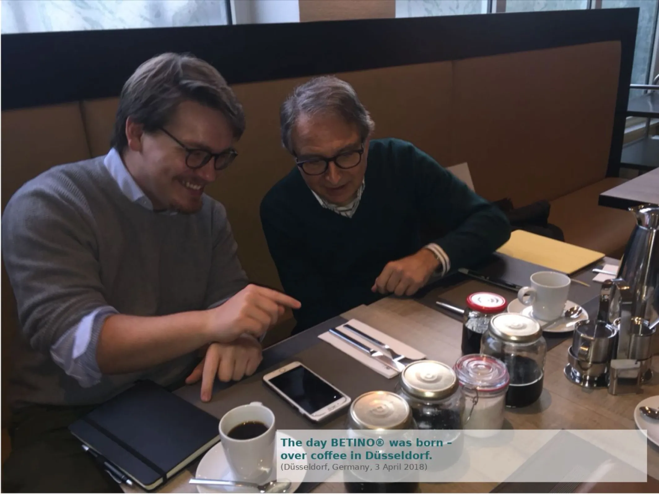 The day BETINO was born - over coffee in Düsseldorf (Sören and Dr. Alexander). Düsseldorf, Germany, 3 April 2018.