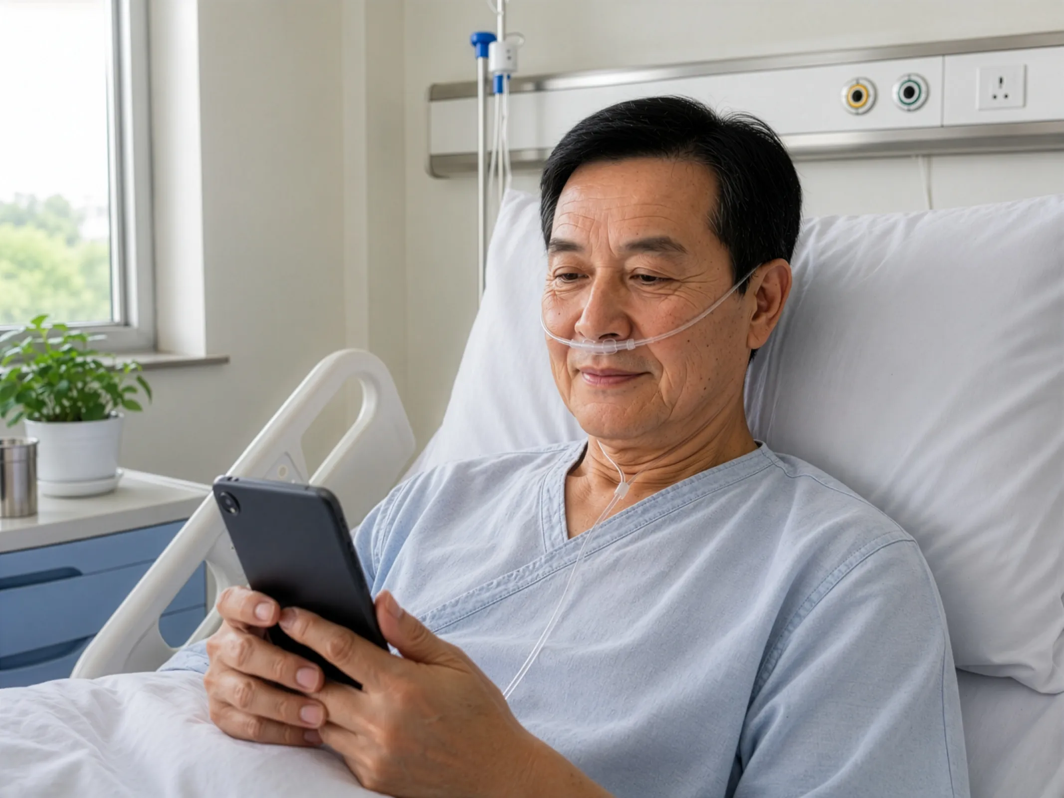 Patient using the NasalOxy® nasal/oral cannula during oxygen therapy.