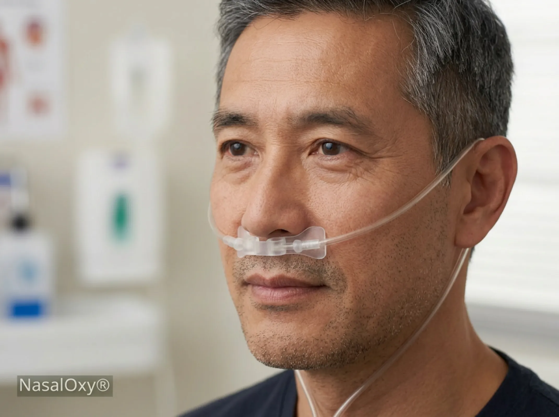 Patient using the NasalOxy® nasal/oral cannula during oxygen therapy.