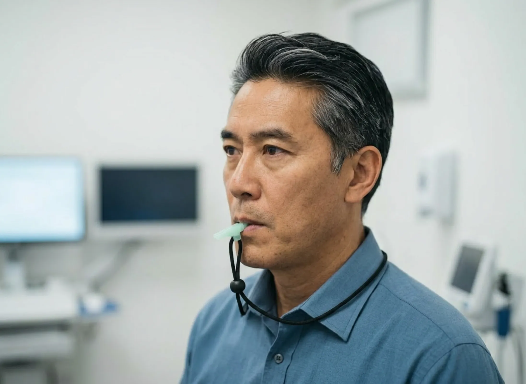 Patient using the LifePipe® portable PEP breathing device.
