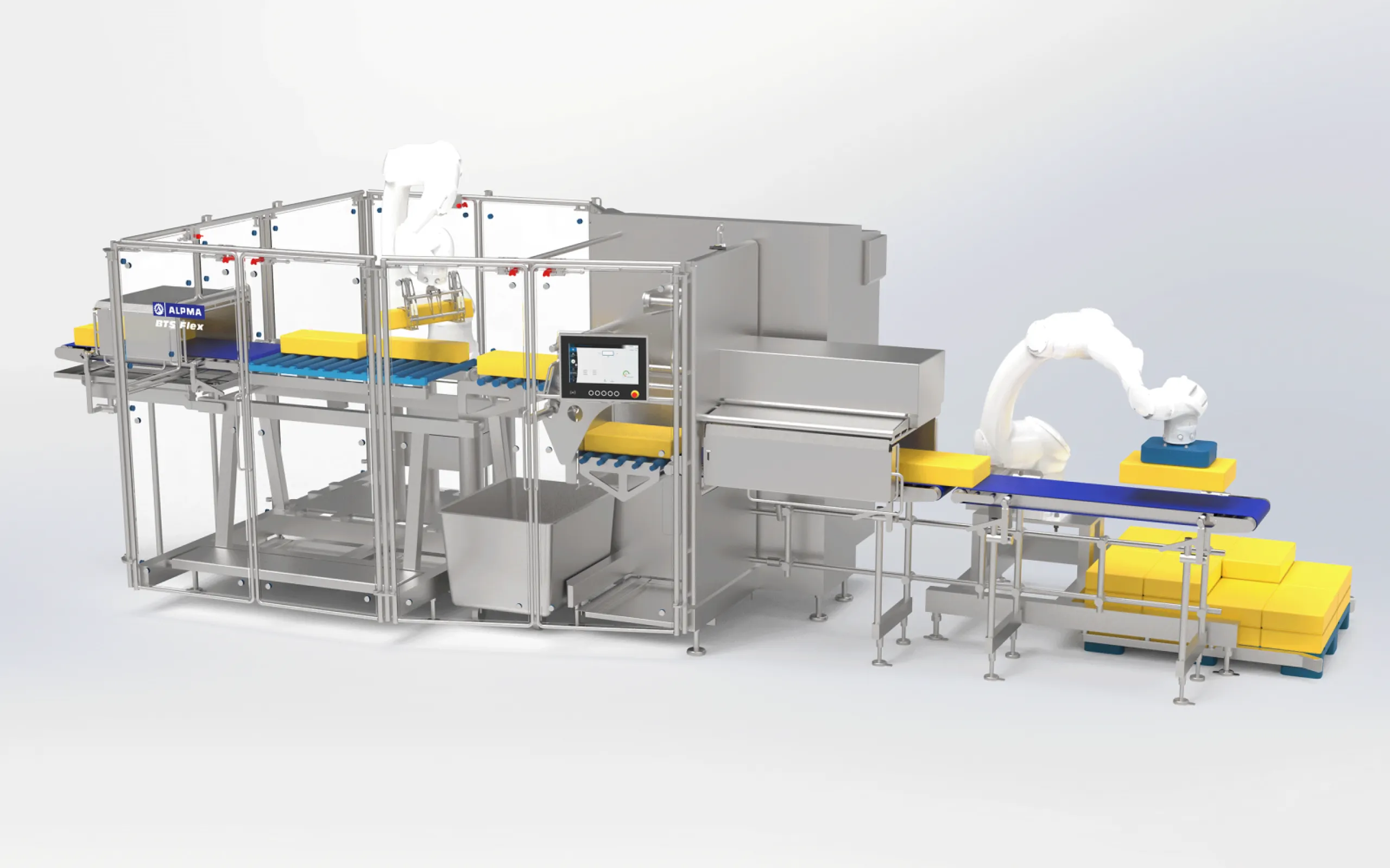 Depalletizing and flexible cutting of cheese blocks into bars