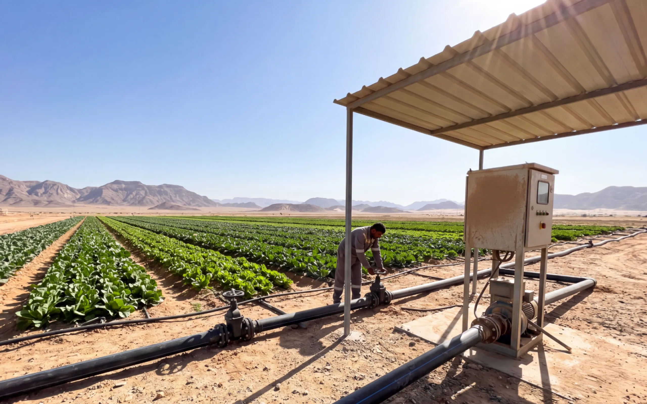 Modern open-field irrigation combining pump infrastructure, water distribution and digital control for efficient farm operations.