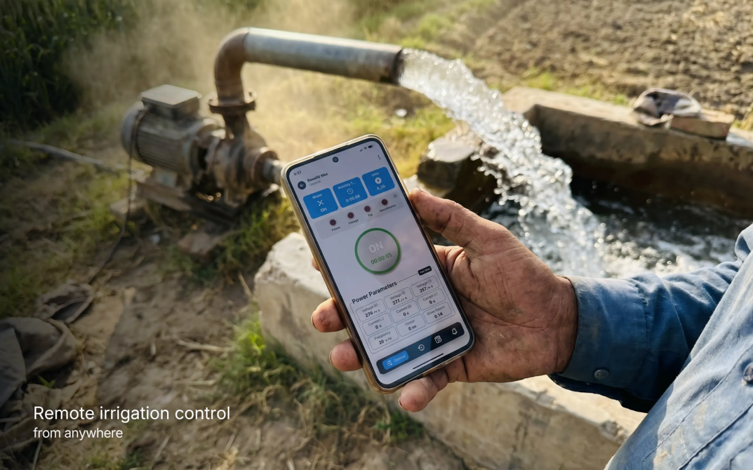Farmers can remotely monitor and control irrigation pumps through the Rewellx mobile application, including operating status and electrical parameters.