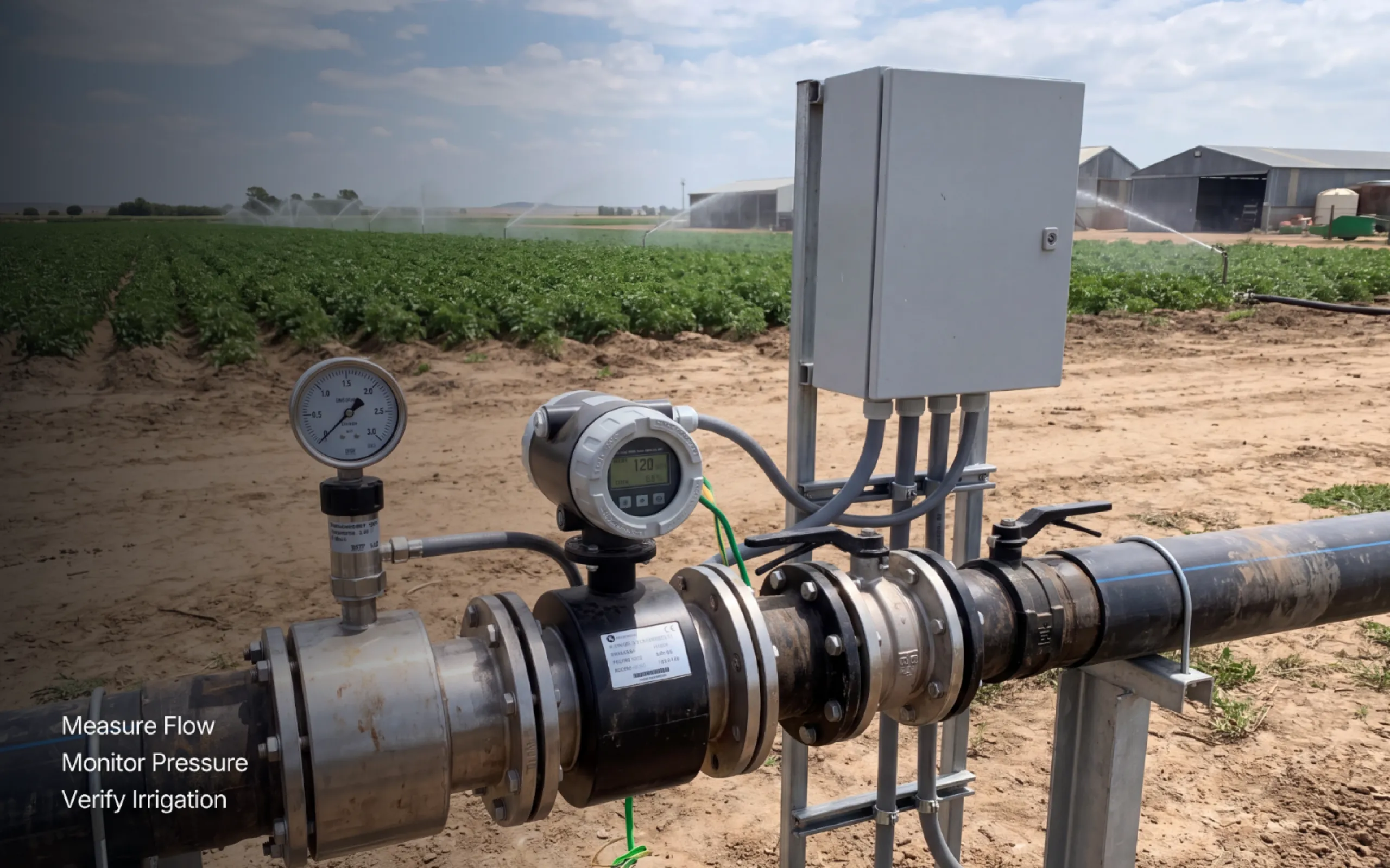 Integrated flow and pressure sensing provides real-world feedback from the irrigation network and helps verify that water is moving through the system under the expected operating conditions.