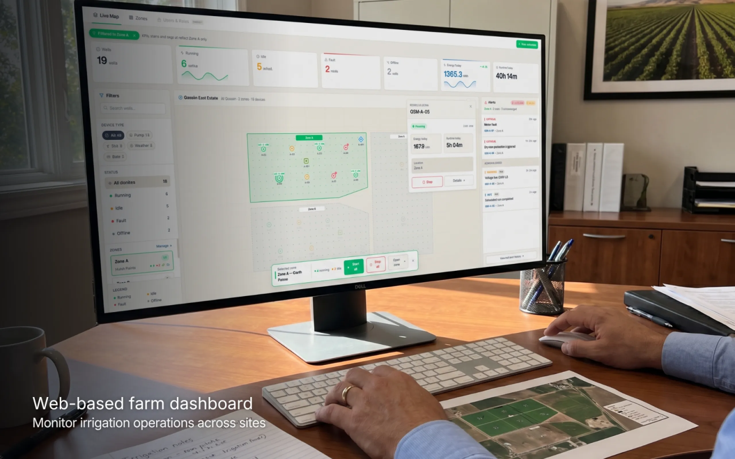 The Rewellx web dashboard brings connected irrigation devices, operating status, alerts and farm data into one central interface for remote monitoring and multi-site visibility.