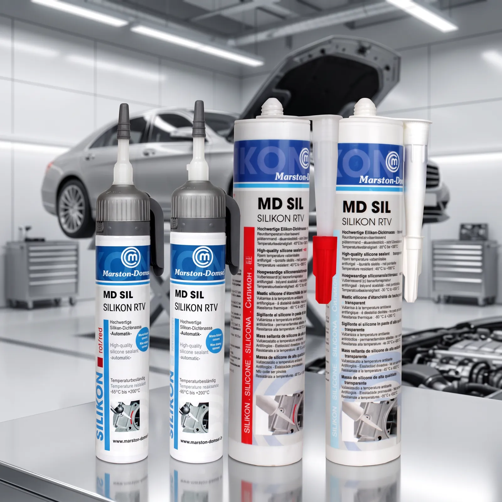 MD SIL by Marston-Domsel is a permanently elastic 1K silicone sealant for engines and housings. It is neutral-curing, extremely vibration-resistant, and withstands temperatures from -60 °C to +260 °C (briefly +300 °C) – ideal as a liquid gasket. MD SIL by Marston-Domsel is a permanently elastic 1K silicone sealant for engines and housings. It is neutral-curing, extremely vibration-resistant, and withstands temperatures from -60 °C to +260 °C (briefly +300 °C) – ideal as a liquid gasket.