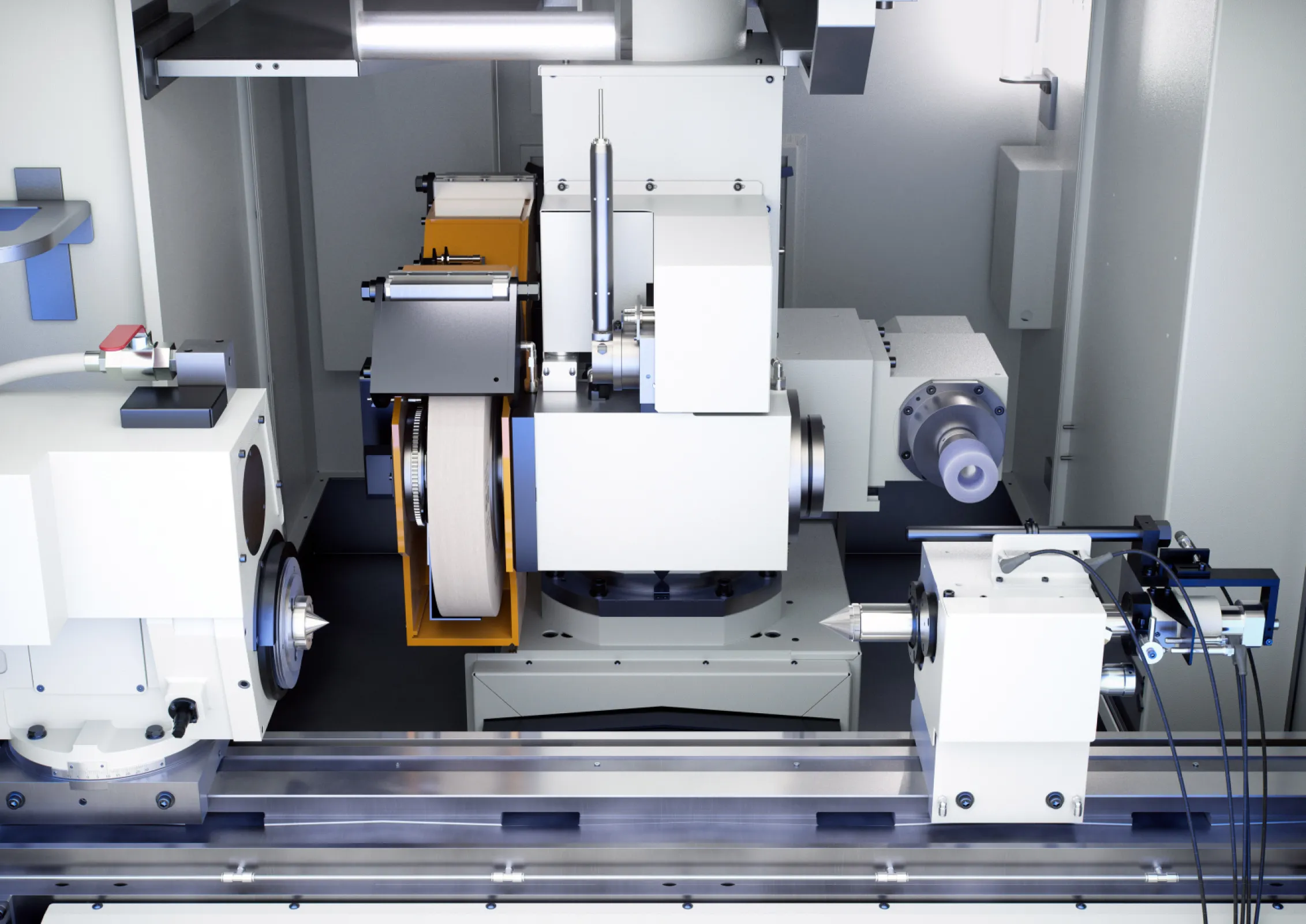 Work area of the EMAG UG Series. The combination of swiveling B-axis and direct-drive spindles enables internal and external grinding.