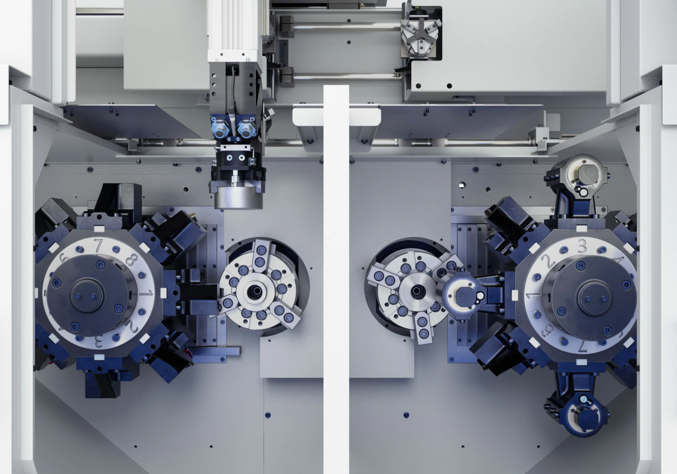 The work area of the MSC 5 DUO is equipped with two A2-5 main spindles that reach a maximum speed of 4,500 rpm. Two BMT turrets each hold up to eight tools. The split-bed design prevents vibrations between the spindles.