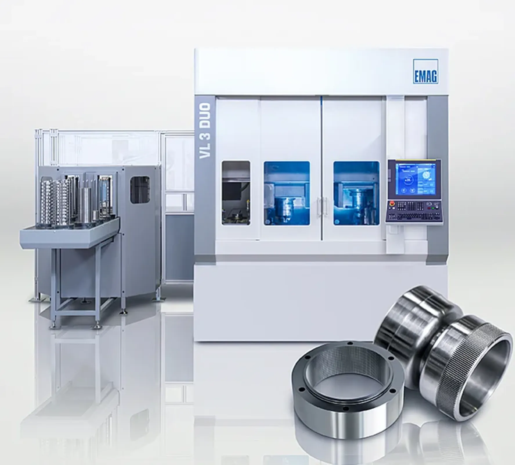 The VL 3 DUO machines flex splines and circular splines for strain wave gear. Parallel OP 10/OP 20 machining with TrackMotion automation.