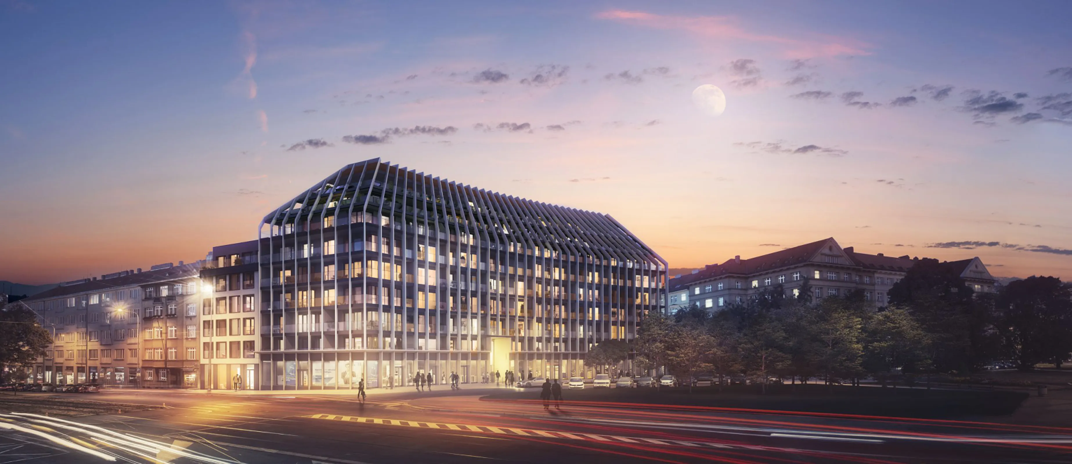 The residential complex "Victoria Palace" in Prague, Czech Republic: The unique curtain wall solution is anchored to the monolith with PohlCon JTA rails.
