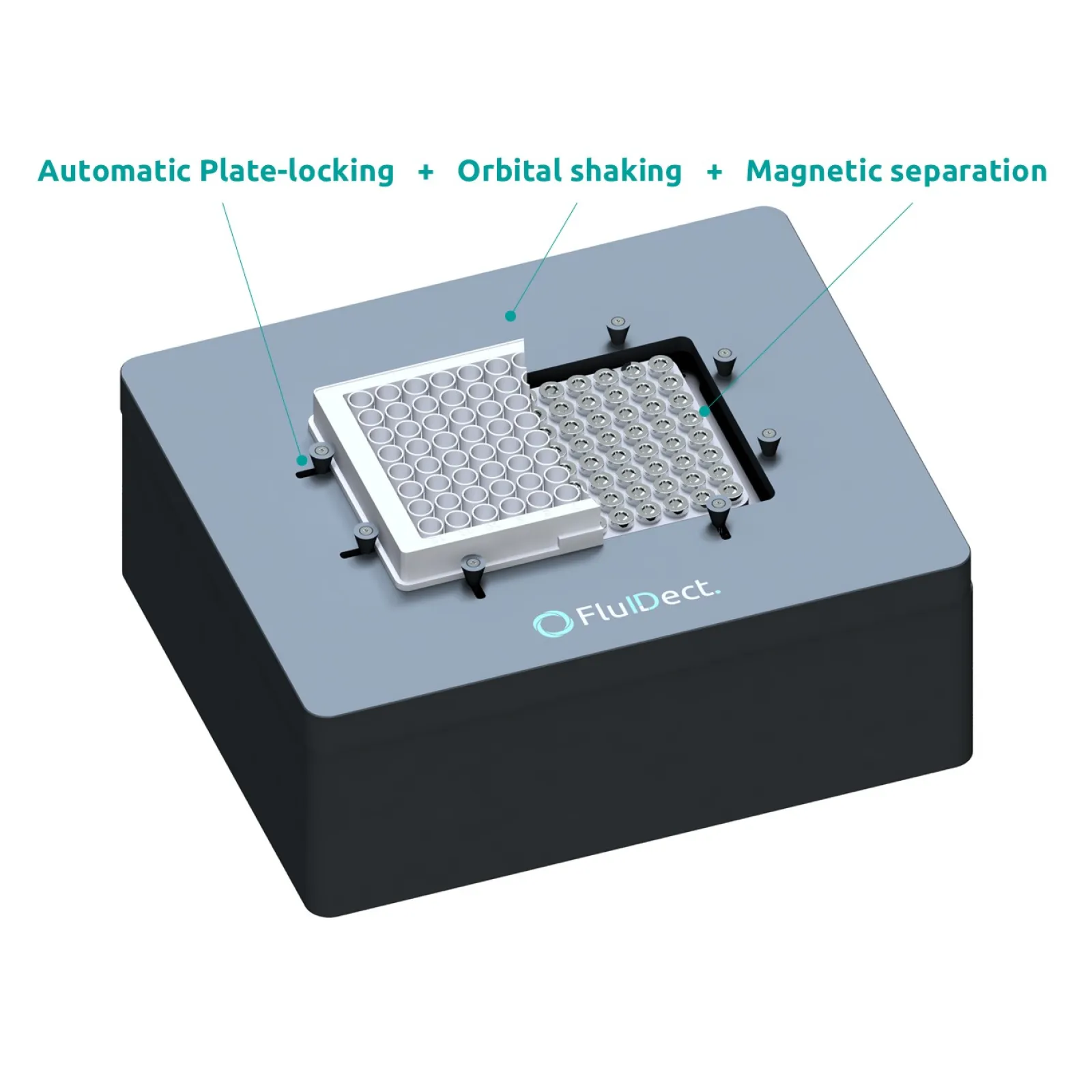 Rendered view of Magneto Orbit with a partially cut-away microtiter plate, revealing the integrated magnetic elements beneath the plate.