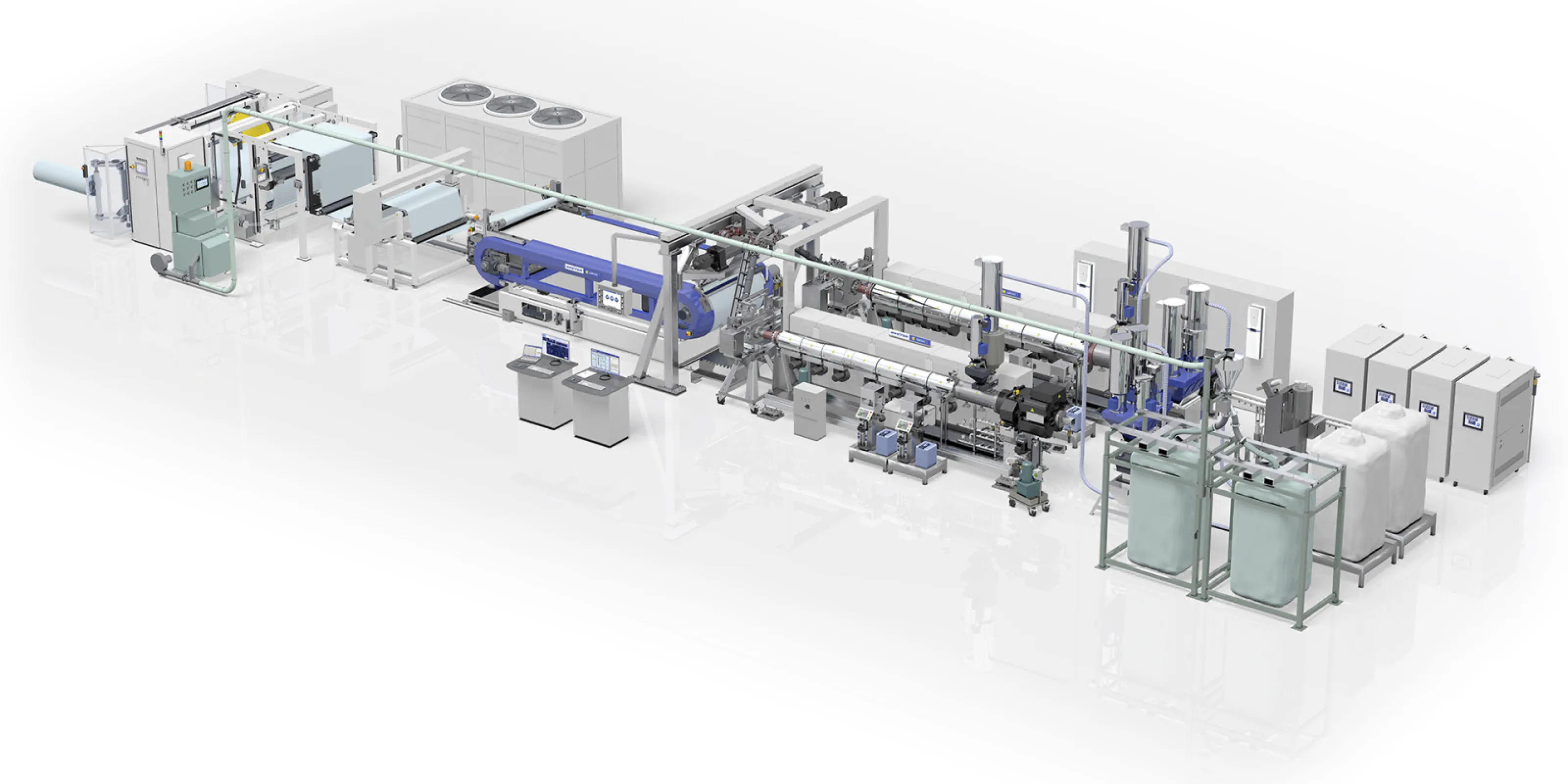Extrusion line for production of encapsulation film out of EVA, POE and EPE. For PV modules.The convincing extrusion technology for the production of low shrinkage solar encapsulant film for PV-modules. Complete line including proofed recipe and service. Extrusion line for production of encapsulation film out of EVA, POE and EPE. For PV modules.The convincing extrusion technology for the production of low shrinkage solar encapsulant film for PV-modules. Complete line including proofed recipe and service.