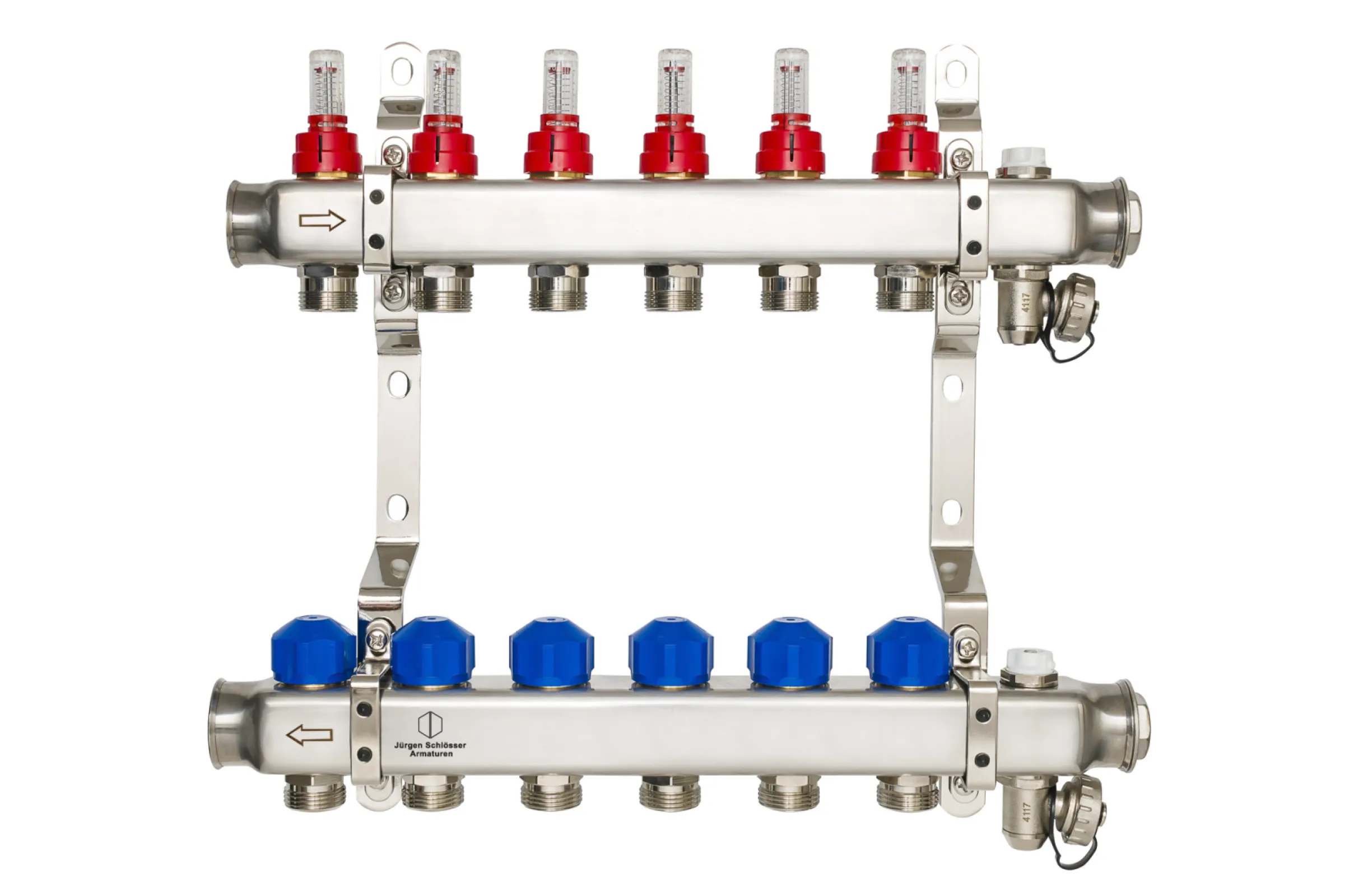 Stainless steel manifold with flow meters and thermostatic valves