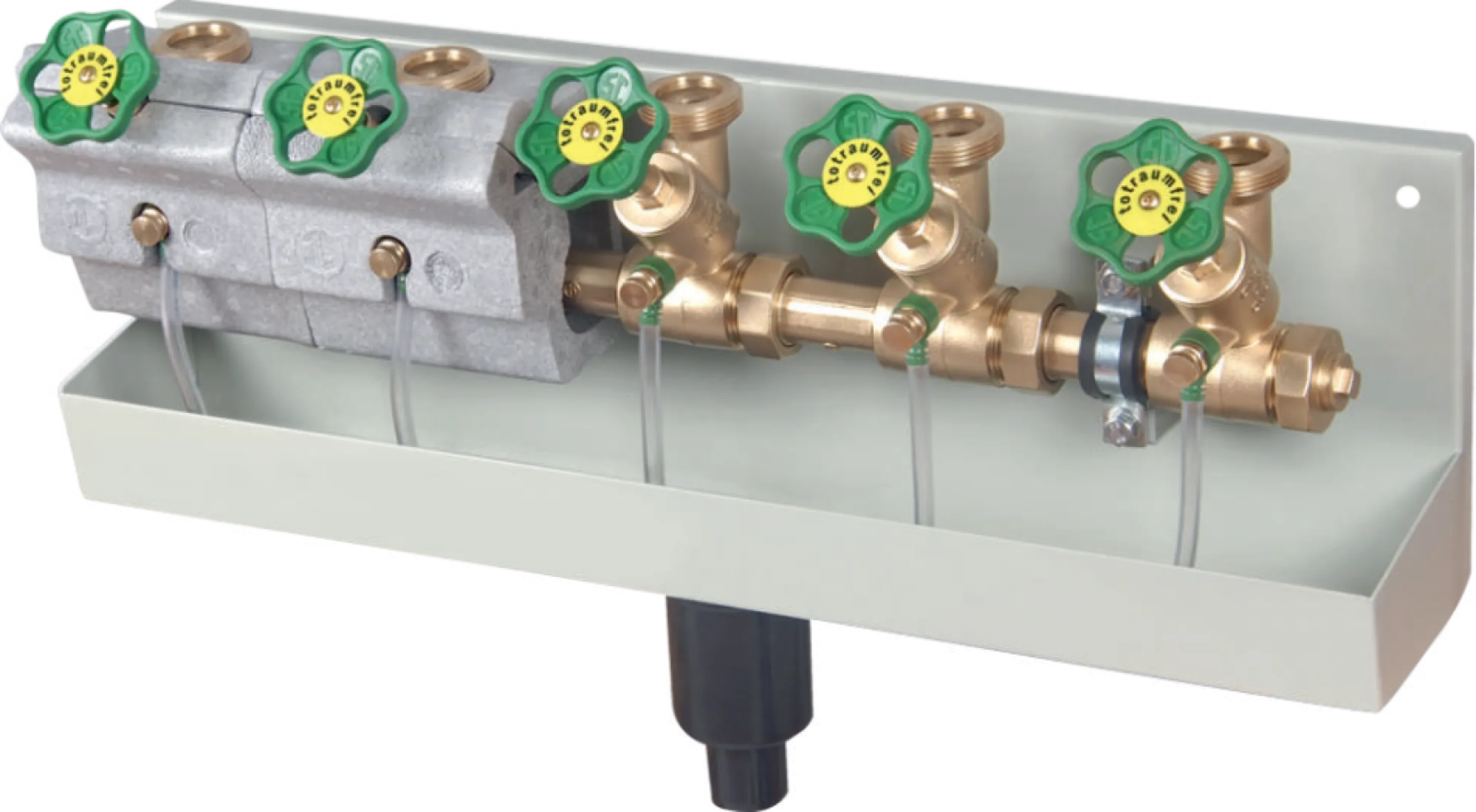 Branch T-valve station with channel (6-fold with rising spindle for drinking water)