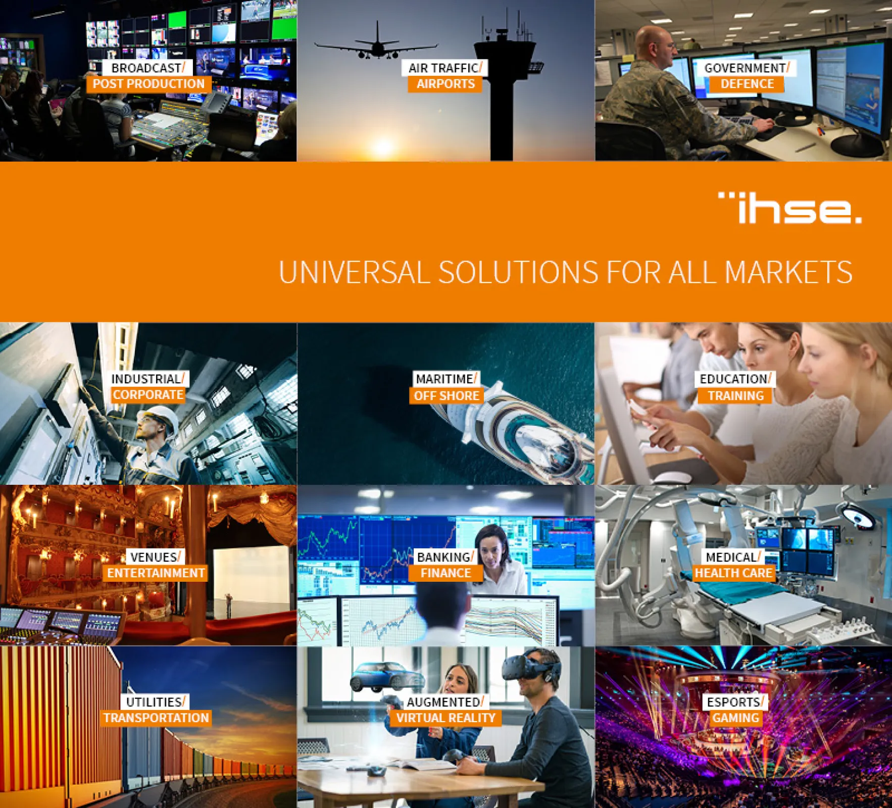 IHSE delivers universal KVM solutions tailored for all markets, including broadcast, air traffic, defense, industrial, maritime, healthcare, finance, utilities, education, entertainment, VR, and esports—ensuring maximum reliability everywhere.