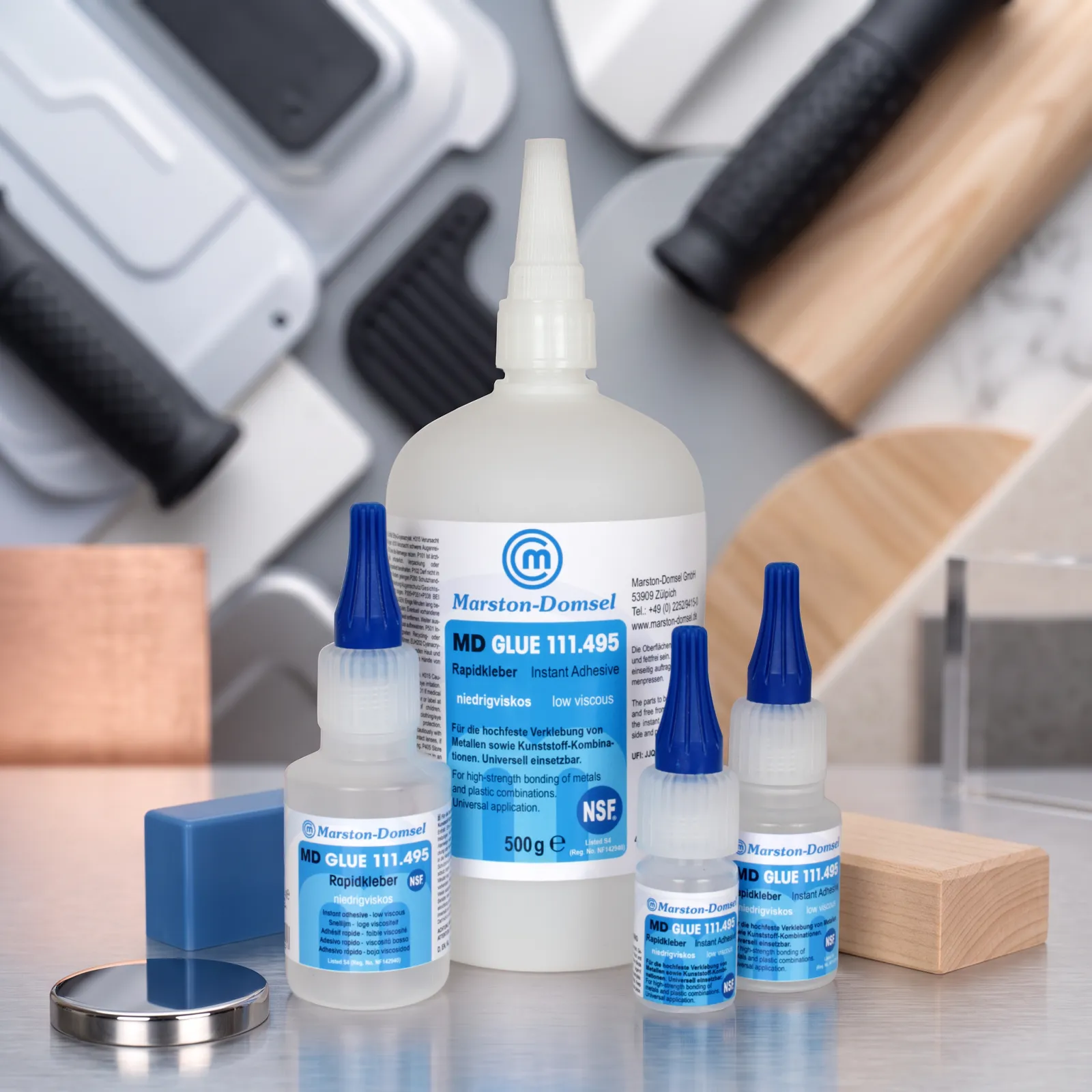 MD GLUE instant adhesives by Marston-Domsel are single-component cyanoacrylates for lightning-fast bonds. They cure in seconds and offer maximum strength on plastics, rubber, and metal – ideal for precise industrial repairs. MD GLUE instant adhesives by Marston-Domsel are single-component cyanoacrylates for lightning-fast bonds. They cure in seconds and offer maximum strength on plastics, rubber, and metal – ideal for precise industrial repairs.