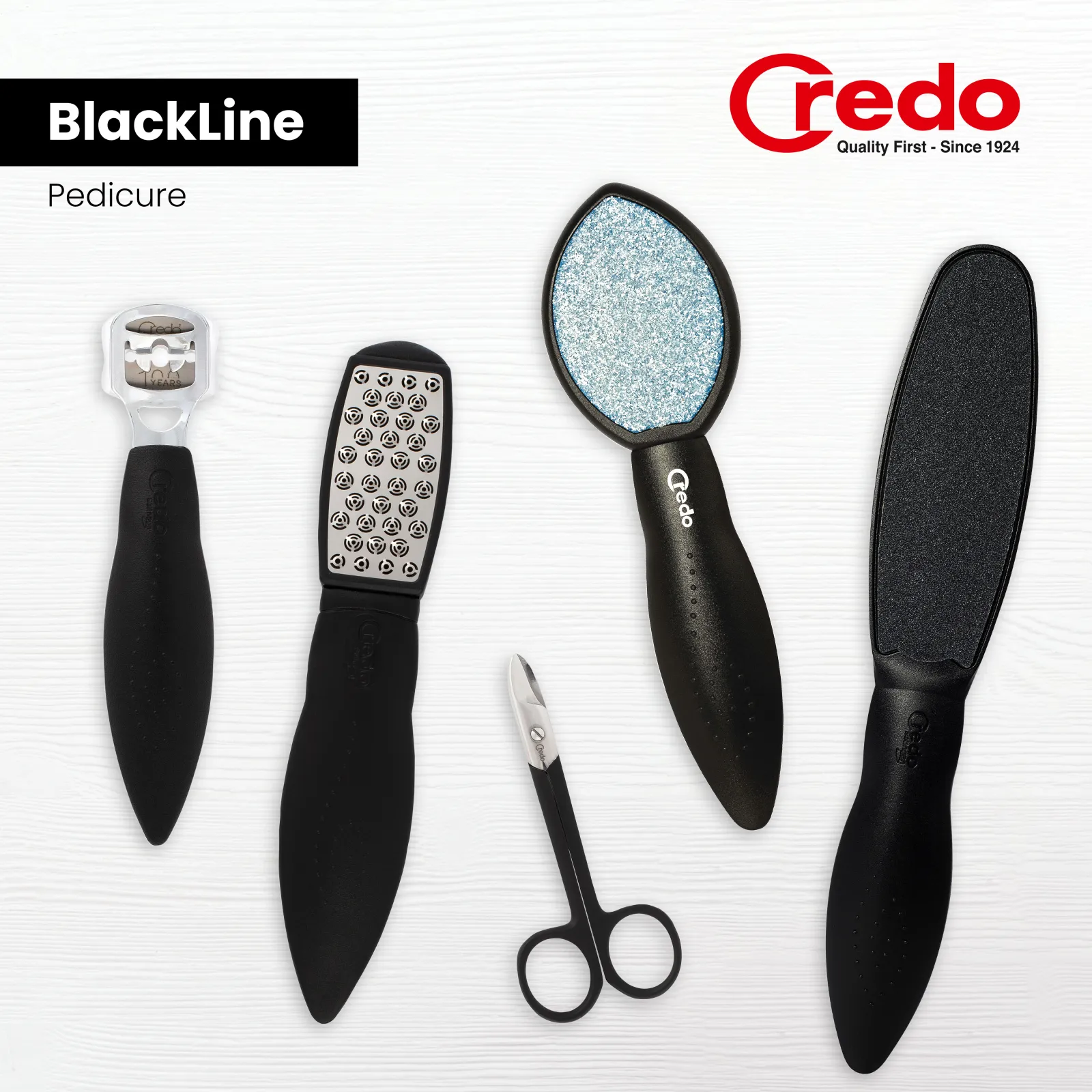 BlackLine pedicure instruments (Safety corn cutter, SmartCutter, toe nail scissors, Duo ceramic rasp and DuoSoft foot file)