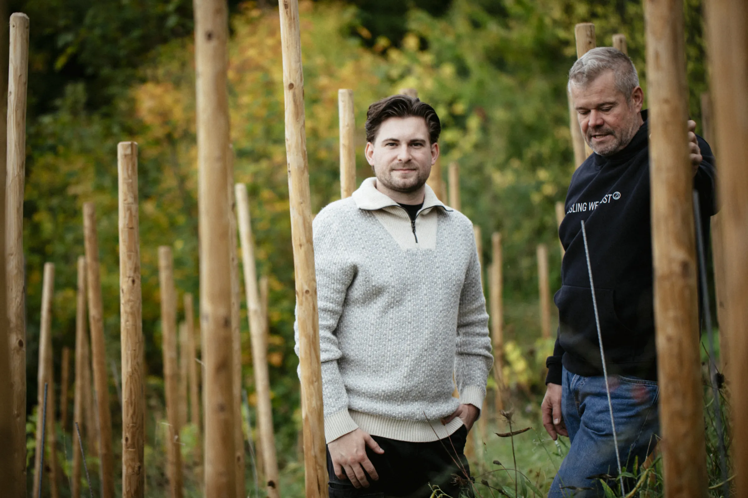 Adrian and Jochen in a single-stake vineyard. Every step here is done by hand, making the wines from this vineyard especially rare and exclusive.