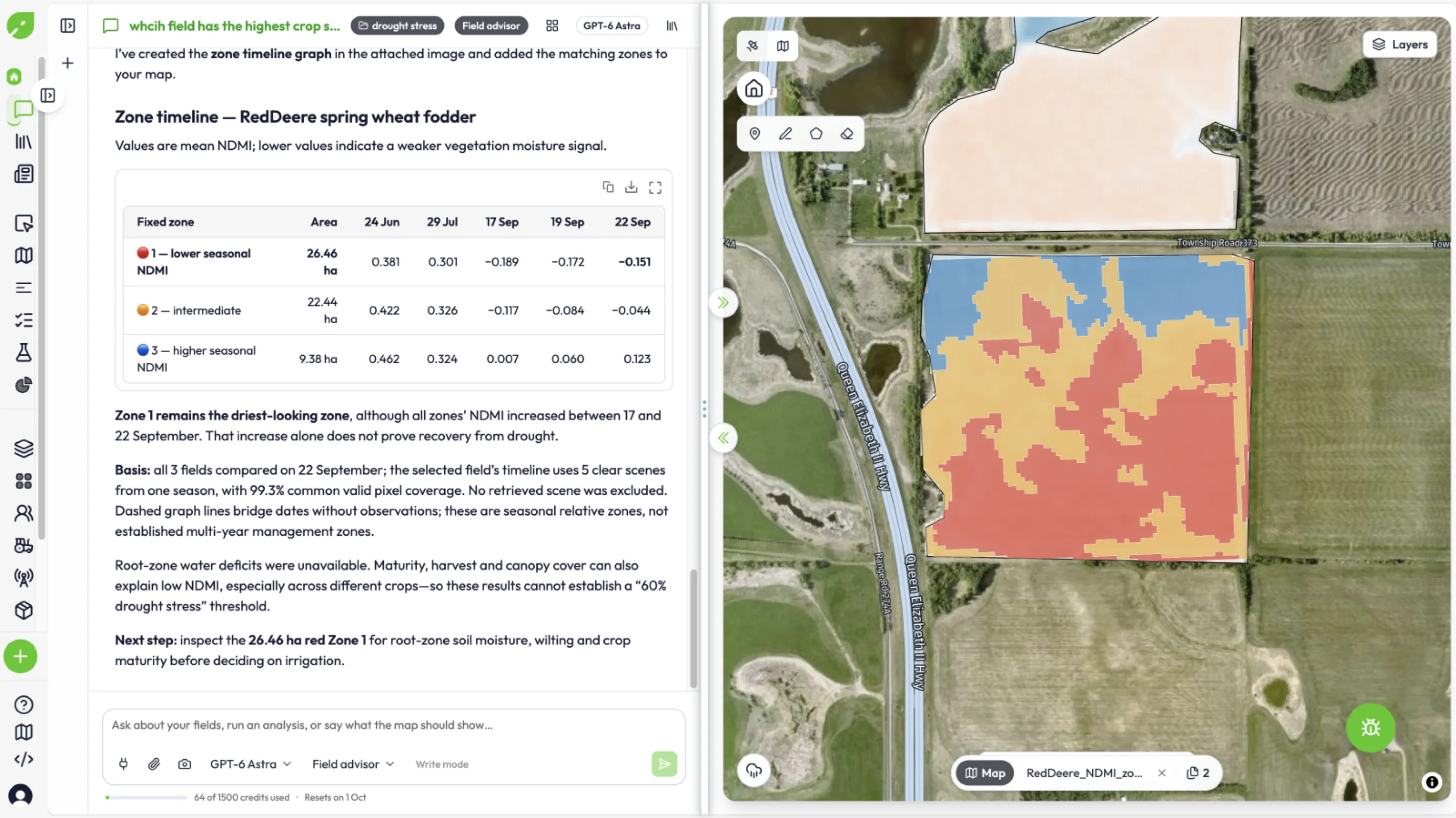 Ask the agmeo AI to create crop stress zones to adjust the intensity and irrigation and it does it for you. It is not a simple llm, agmeo AI can process geo-spatial data, satellite, machines, weather data and more!