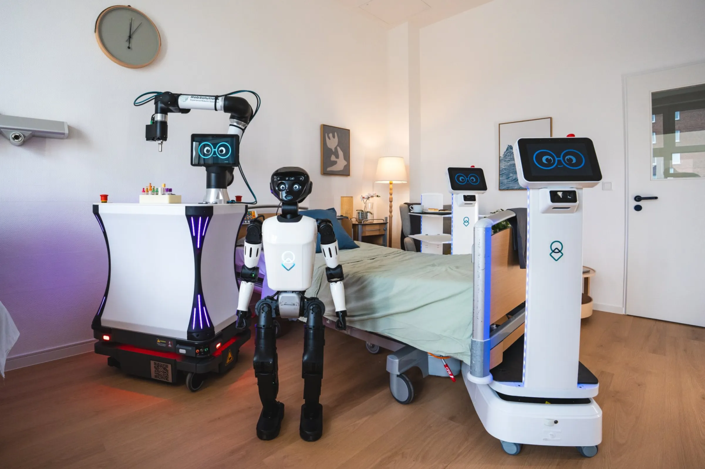 Robots in a patient room: autonomous transport, interaction and service tasks taken off the care team.