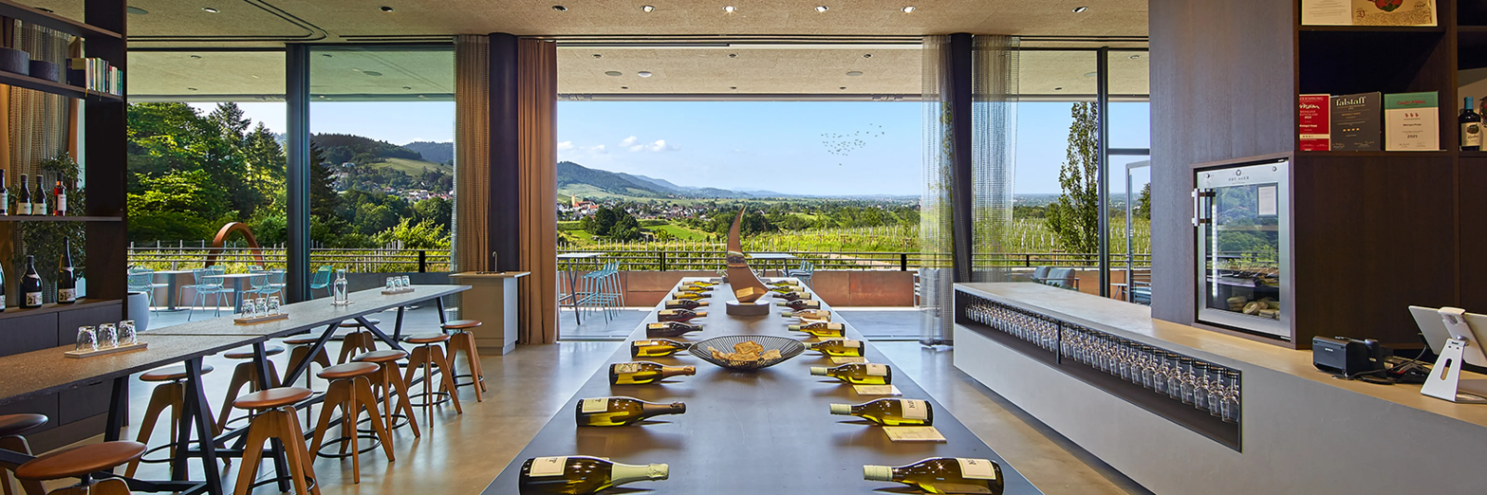 From the winery, panoramic views stretch for over 100 kilometres across the Rhine Valley and along the Black Forest.