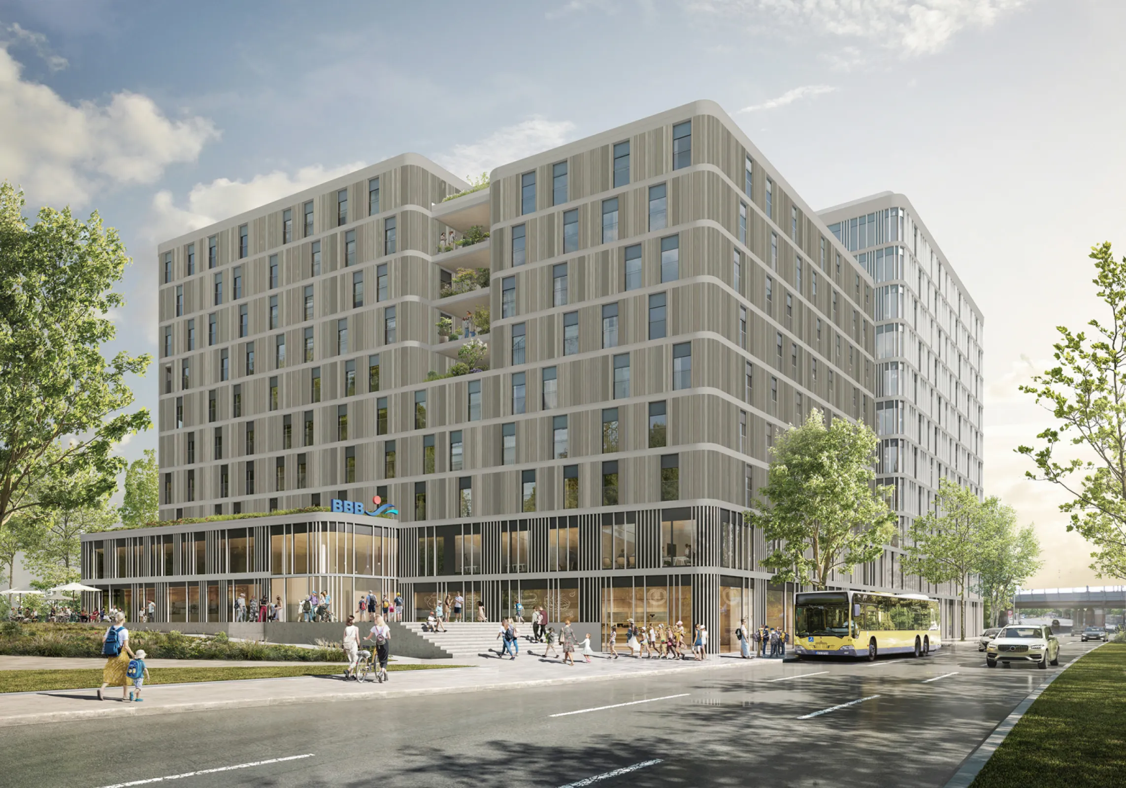 Mixed-use hybrid with residences, office spaces, commercial spaces and a public swimming pool in Berlin, Germany