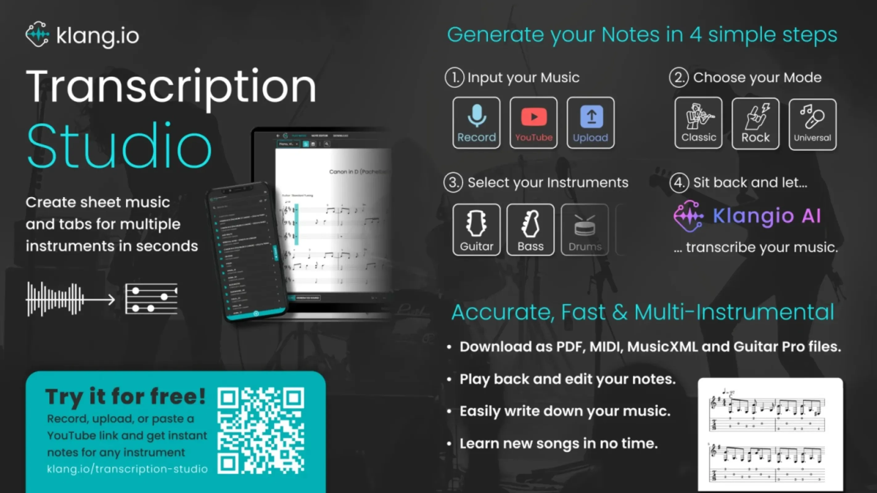 From audio to notation in four steps: input, mode, instruments, then AI transcription.