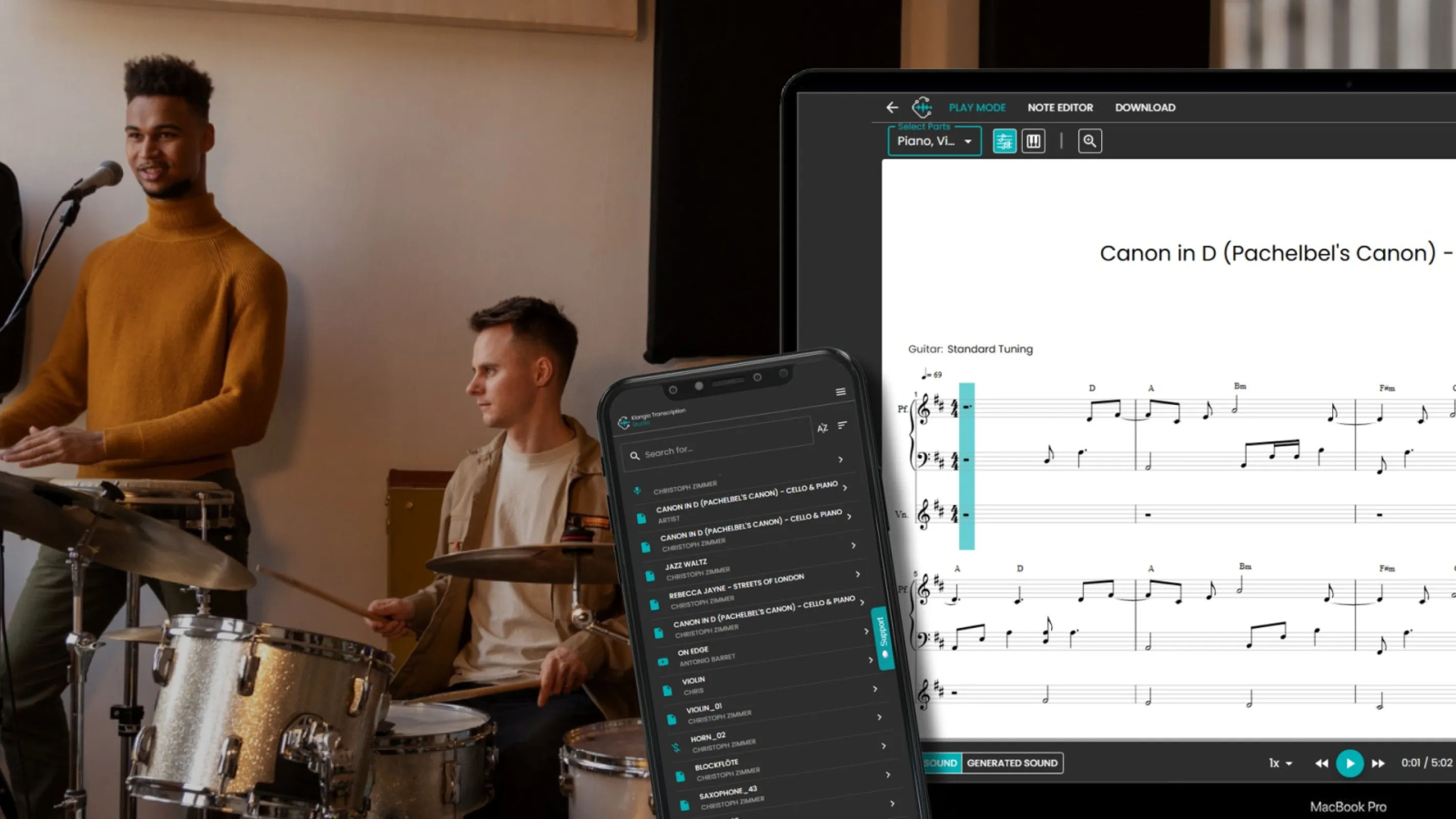 Rehearsal room: a band recording turned into notation on phone and laptop at the same time.
