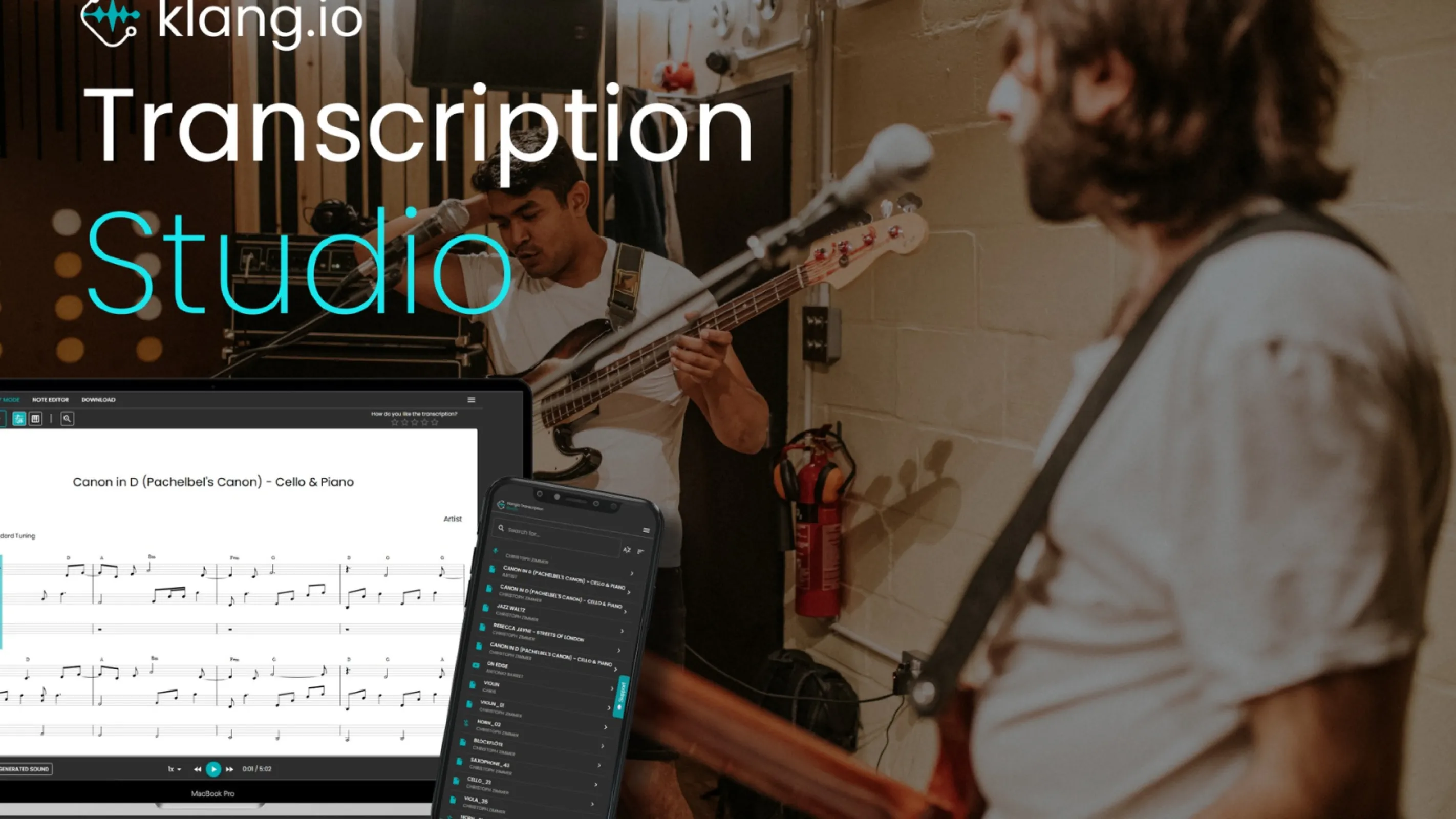 Klangio Transcription Studio in the rehearsal room, on desktop and on mobile.