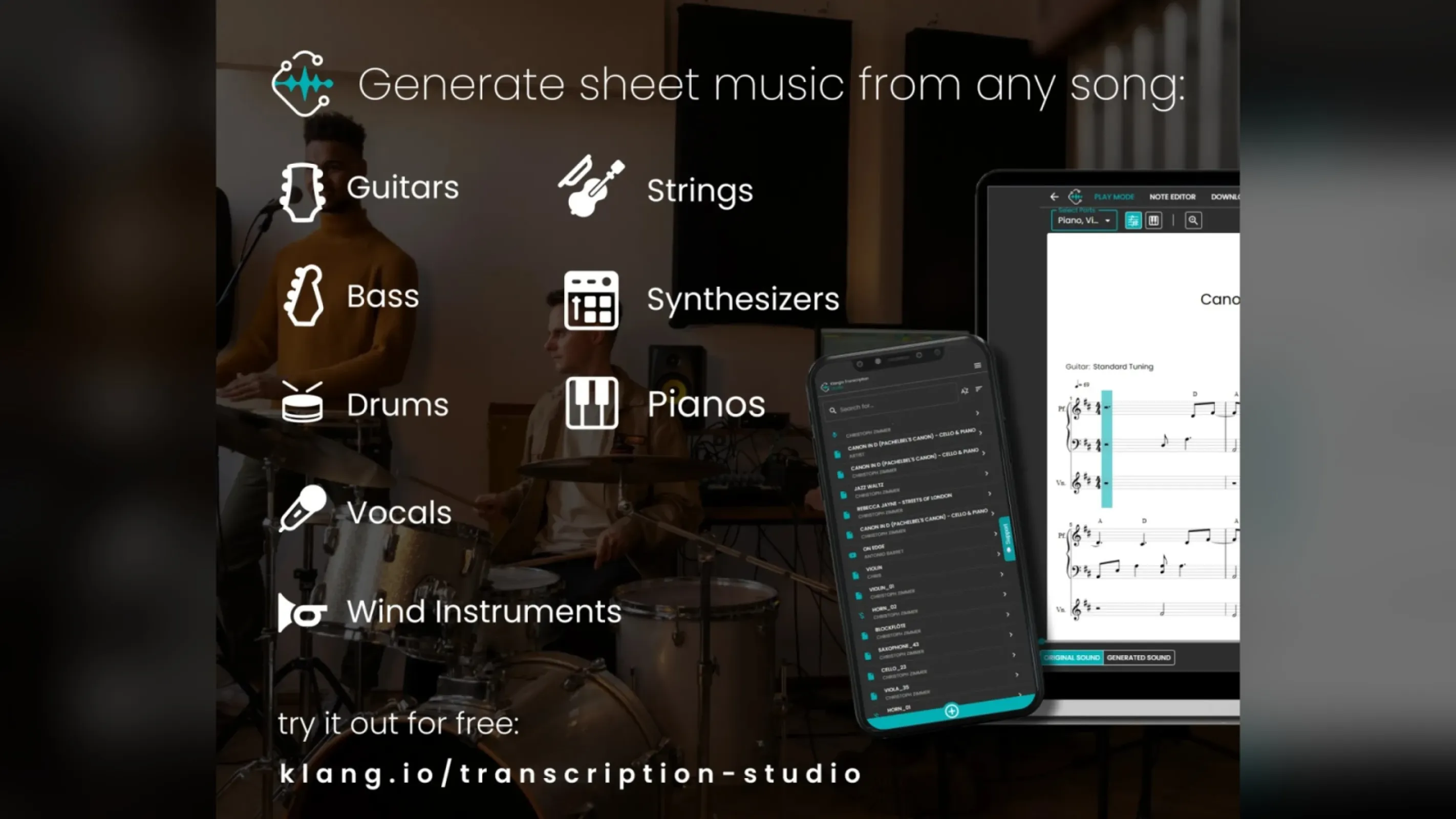 Generate sheet music from any song: guitars, bass, drums, vocals, wind, strings, synths and pianos.