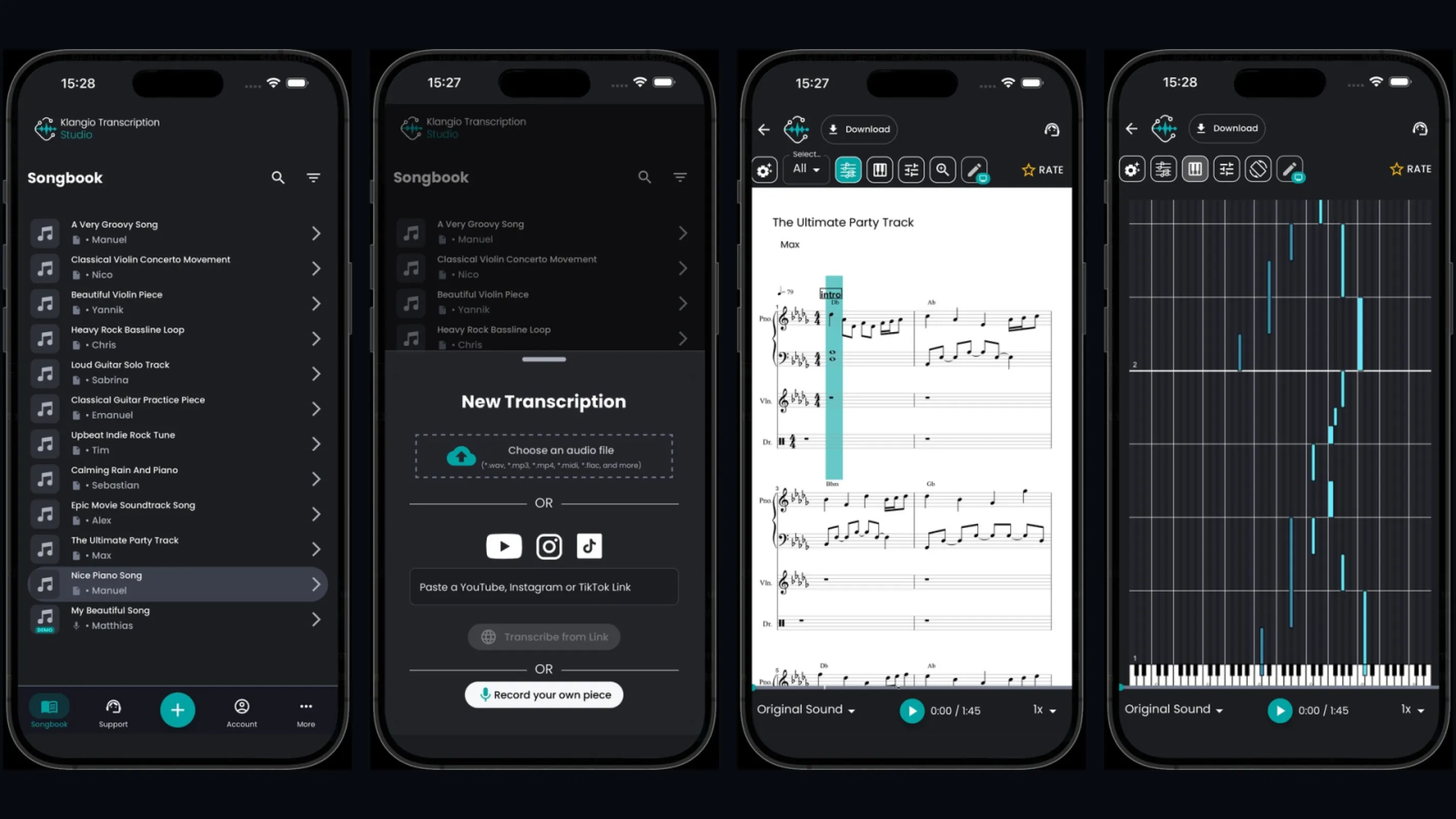 Klangio Transcription Studio on iOS and Android: songbook, new transcription, score, piano roll.