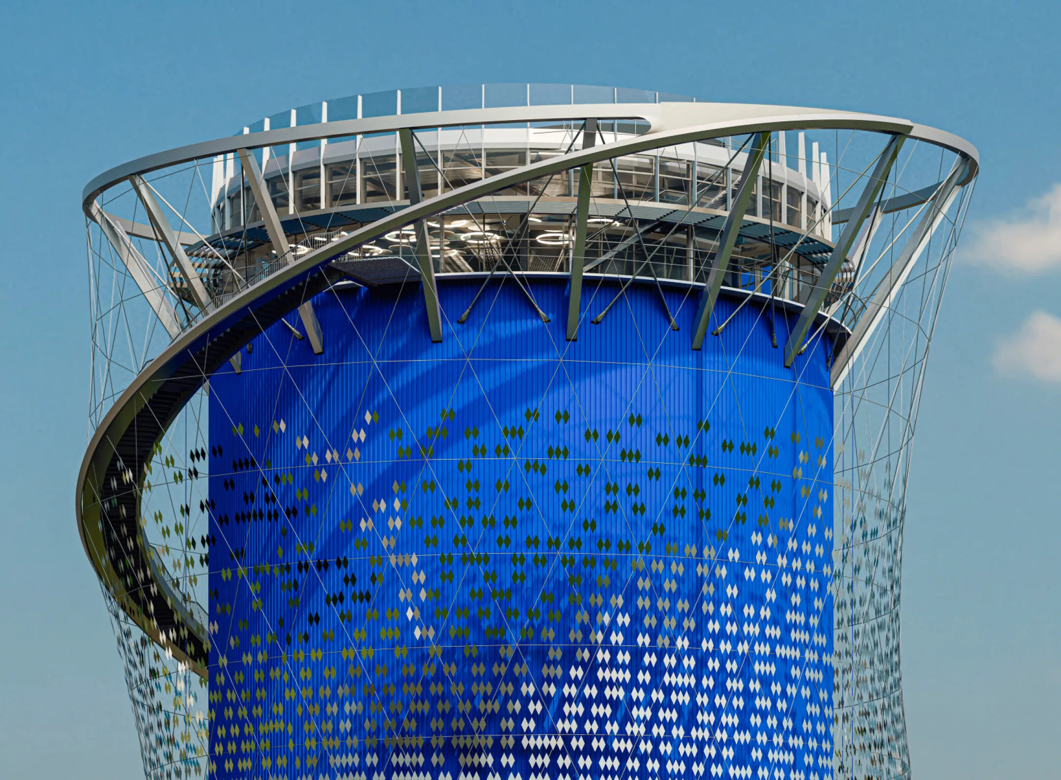 11,000 stainless steel shingles form a shimmering diagrid façade, responding to wind and sunlight. Spiralling energy loops express the movement of energy, turning industrial infrastructure into a dynamic symbol of a circular future.