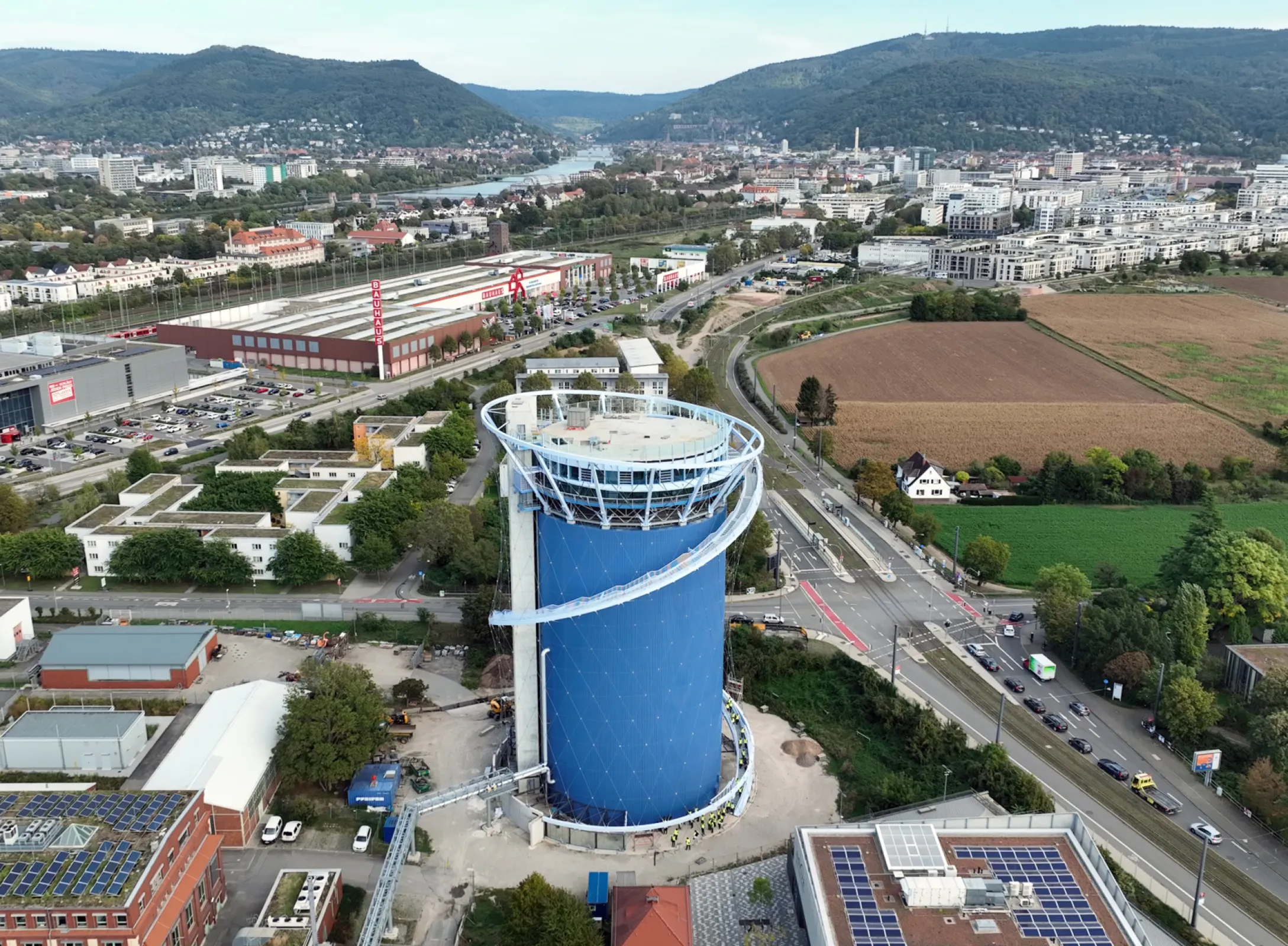 A renewable energy storage facility reimagined as a public landmark. Energy infrastructure is combined with a panoramic restaurant, educational spaces and a spiralling staircase, making the energy transition tangible and accessible. Photo: Roland Halbe A renewable energy storage facility reimagined as a public landmark. Energy infrastructure is combined with a panoramic restaurant, educational spaces and a spiralling staircase, making the energy transition tangible and accessible. Photo: Roland Halbe
