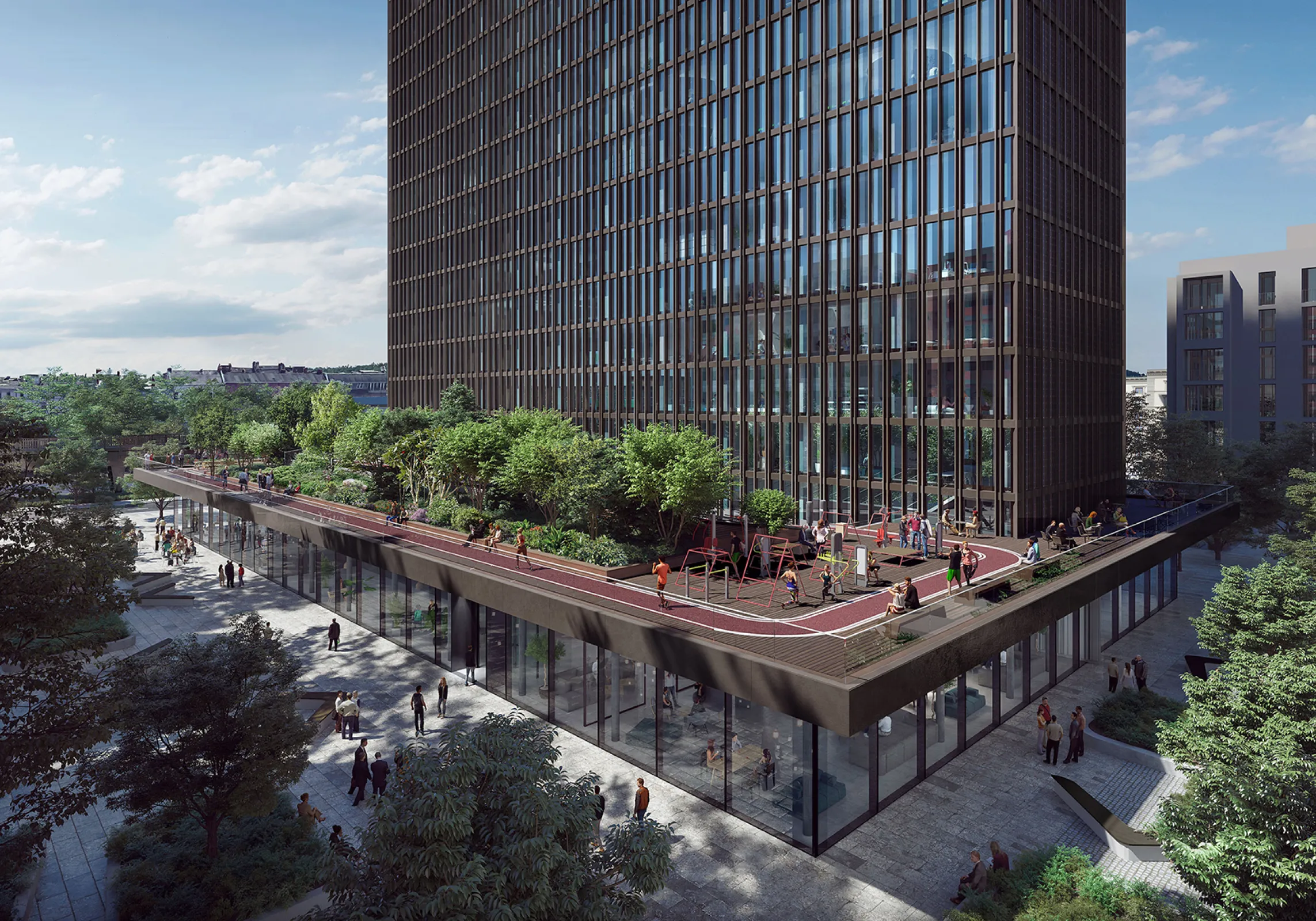 M50 – Die Macherei Berlin-Kreuzberg: the new podium with a publicly usable roof terrace, running track and outdoor fitness area.