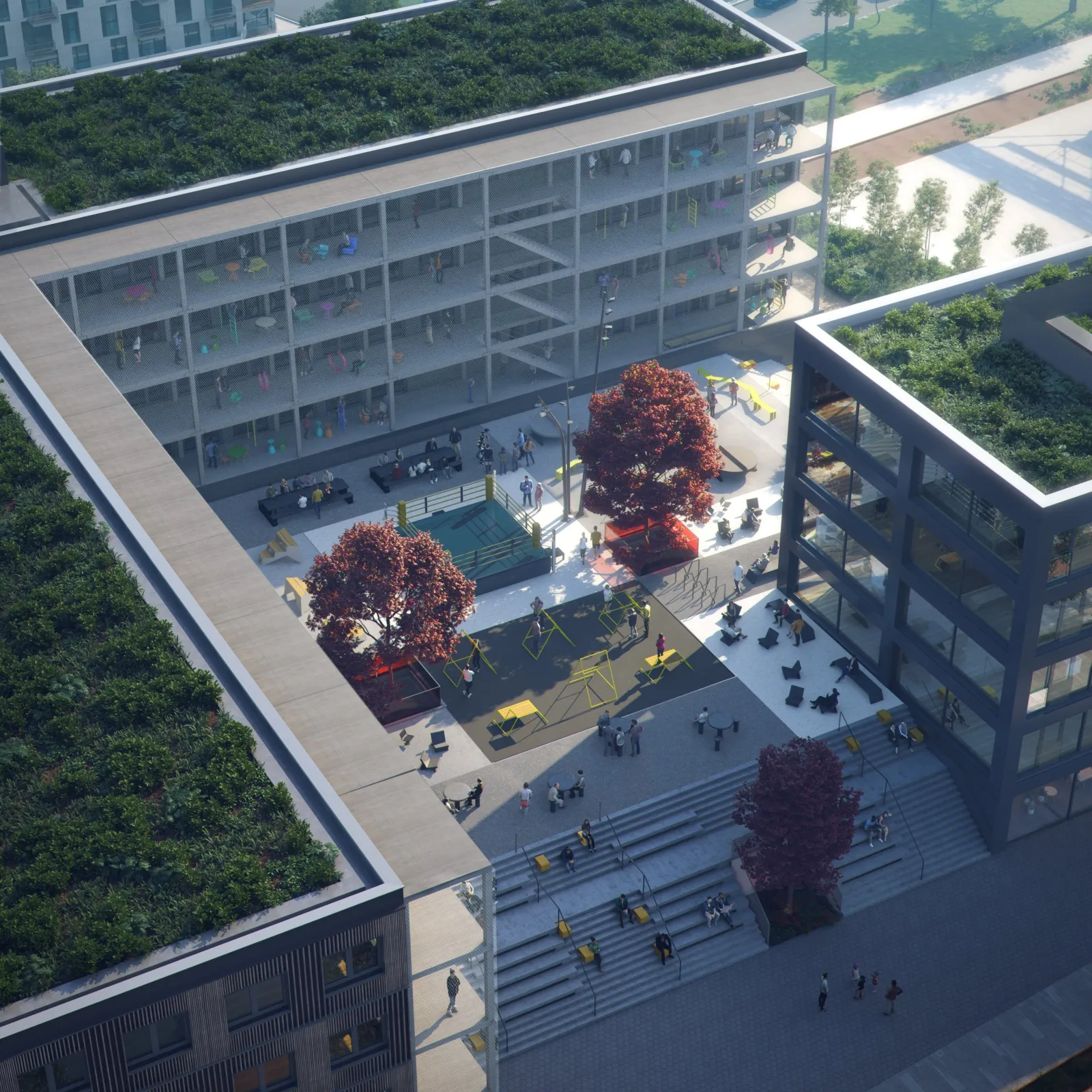ROCKYWOOD, Offenbach am Main – a generous flight of steps leads from the harbour promenade up to the public “Playground”.