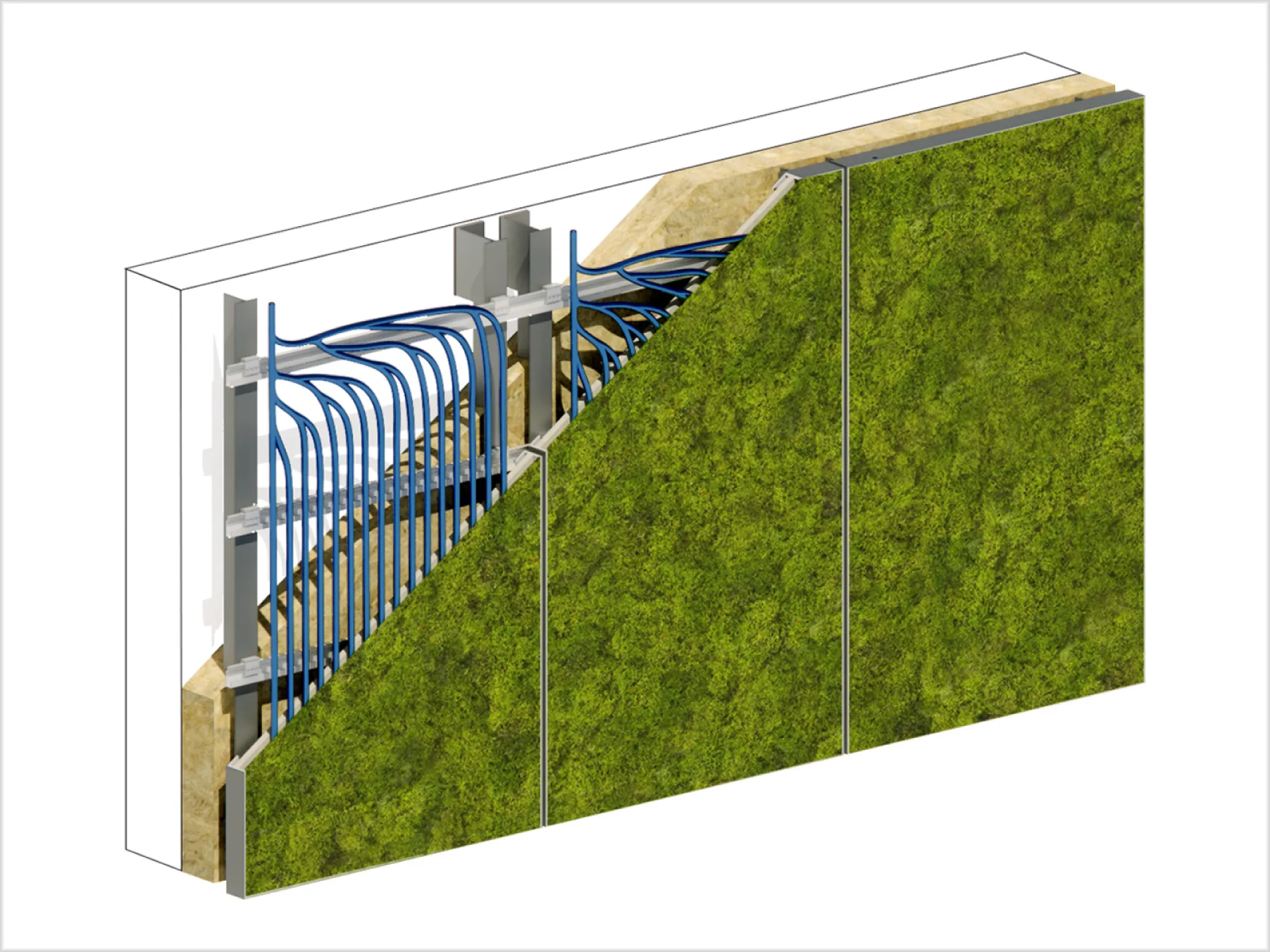 MossFacT - visualation | The MossFacT greening concept is based on the development of frame elements for ventilated rainscreen facades in which mosses are integrated by a 3D textile. | © Priedemann